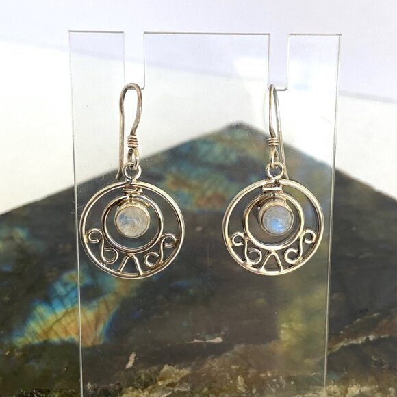 Sterling Silver 925 Round Moonstone Cabochon Round Scrollwork Dangle Earrings - Picture 6 of 16